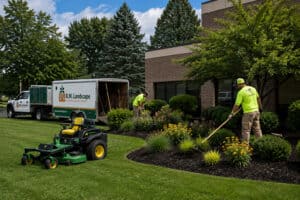 R.M. Landscape crew performing commercial landscape maintenance at a professionally maintained office property in Buffalo, NY