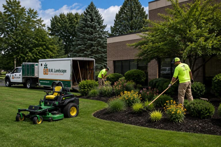 R.M. Landscape crew performing commercial landscape maintenance at a professionally maintained office property in Buffalo, NY