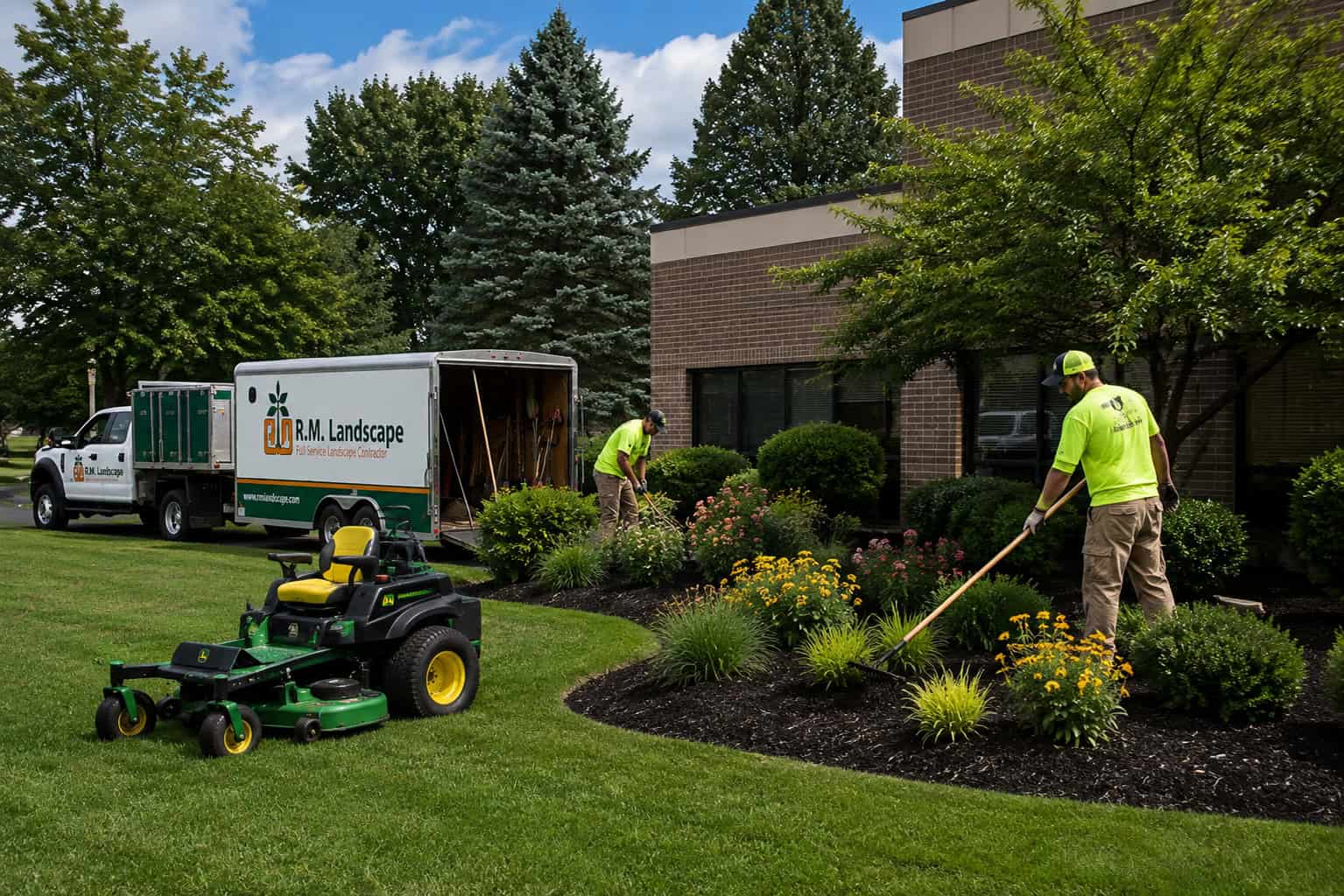 R.M. Landscape crew performing commercial landscape maintenance at a professionally maintained office property in Buffalo, NY