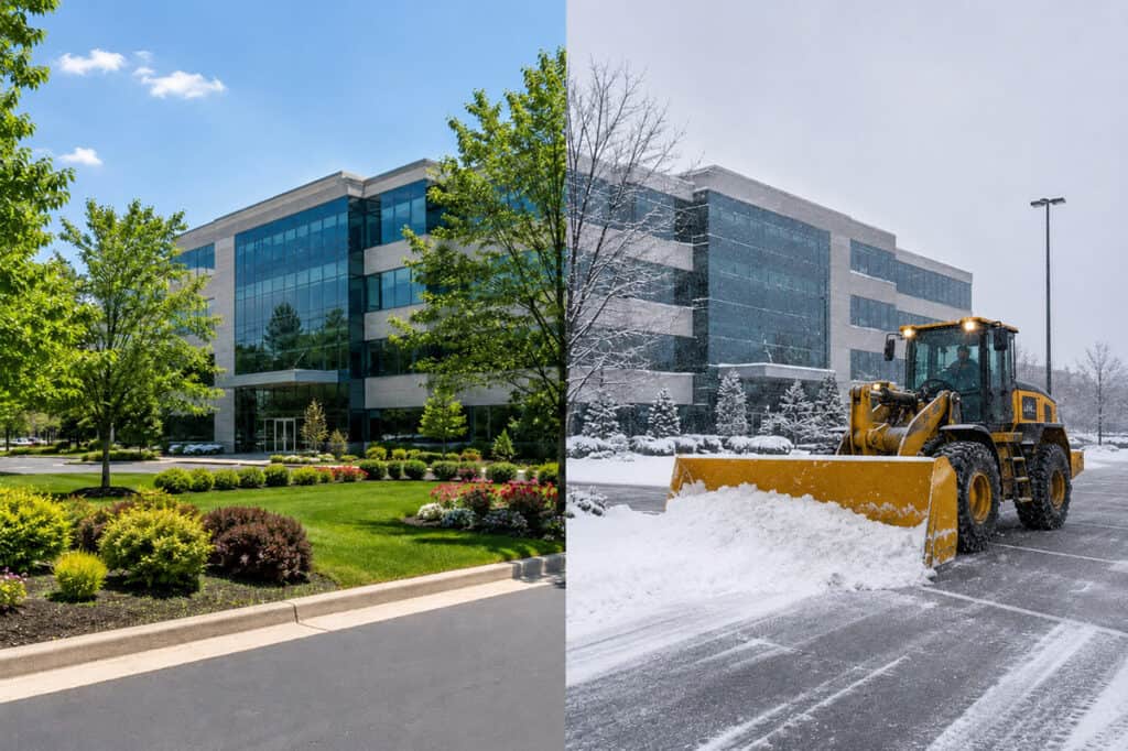 Commercial office property shown in summer landscaping and winter snow removal with a commercial snow plow clearing the parking lot
