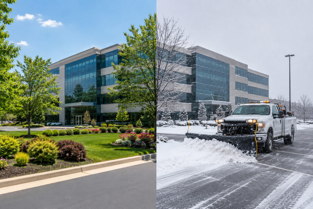 Commercial office property shown in summer landscaping and winter snow removal with a commercial snow plow clearing the parking lot
