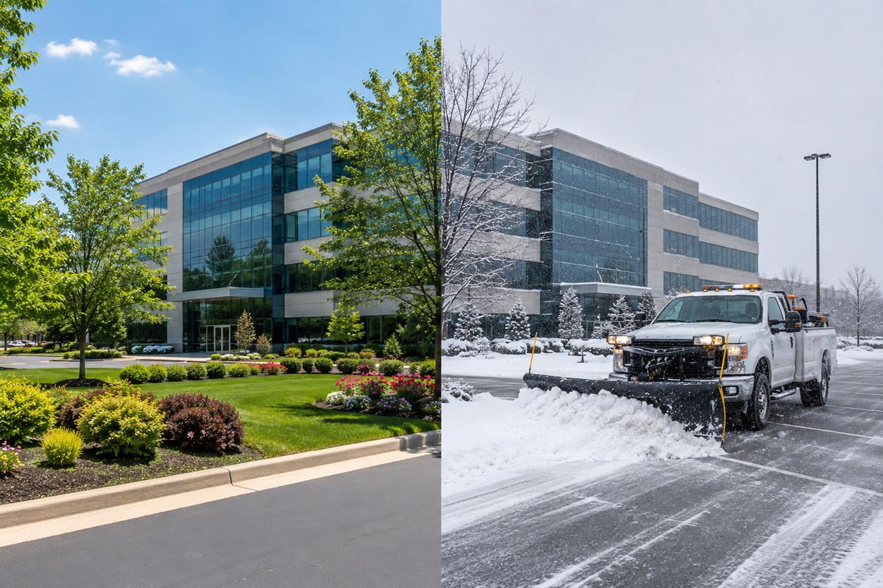 Commercial office property shown in summer landscaping and winter snow removal with a commercial snow plow clearing the parking lot