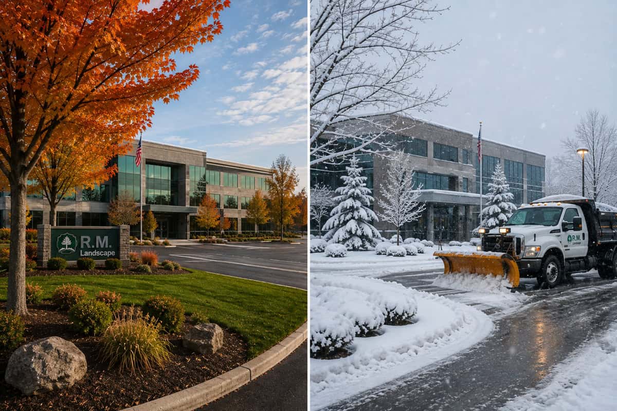 Commercial office property showing professionally maintained landscaping in fall and commercial snow management during winter in Western New York.