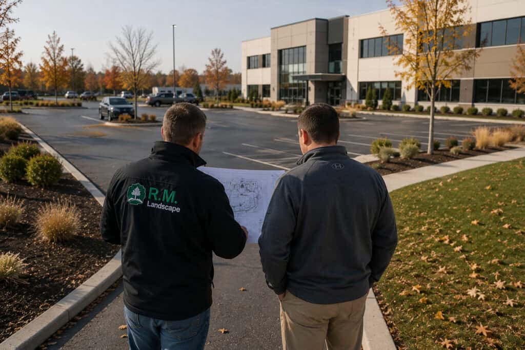 Commercial property account manager reviewing site plans with a facility manager during a pre-season winter property assessment.