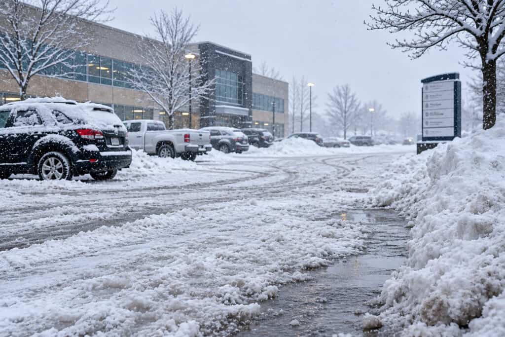 Unplowed commercial parking lot covered in snow and ice, creating hazardous conditions for vehicles and pedestrians in Western New York.