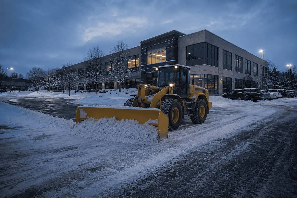 Commercial snow plow clearing a business parking lot during a winter snowstorm in Western New York