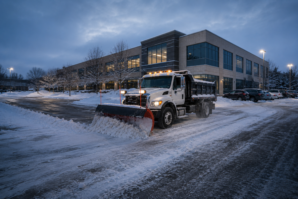 Commercial snow plow clearing a business parking lot during a winter snowstorm in Western New York