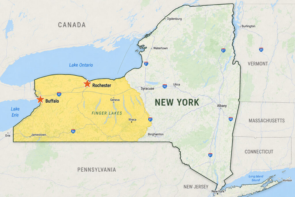Map of New York State depicting the two RM Landscape locations in Rochester and Buffalo