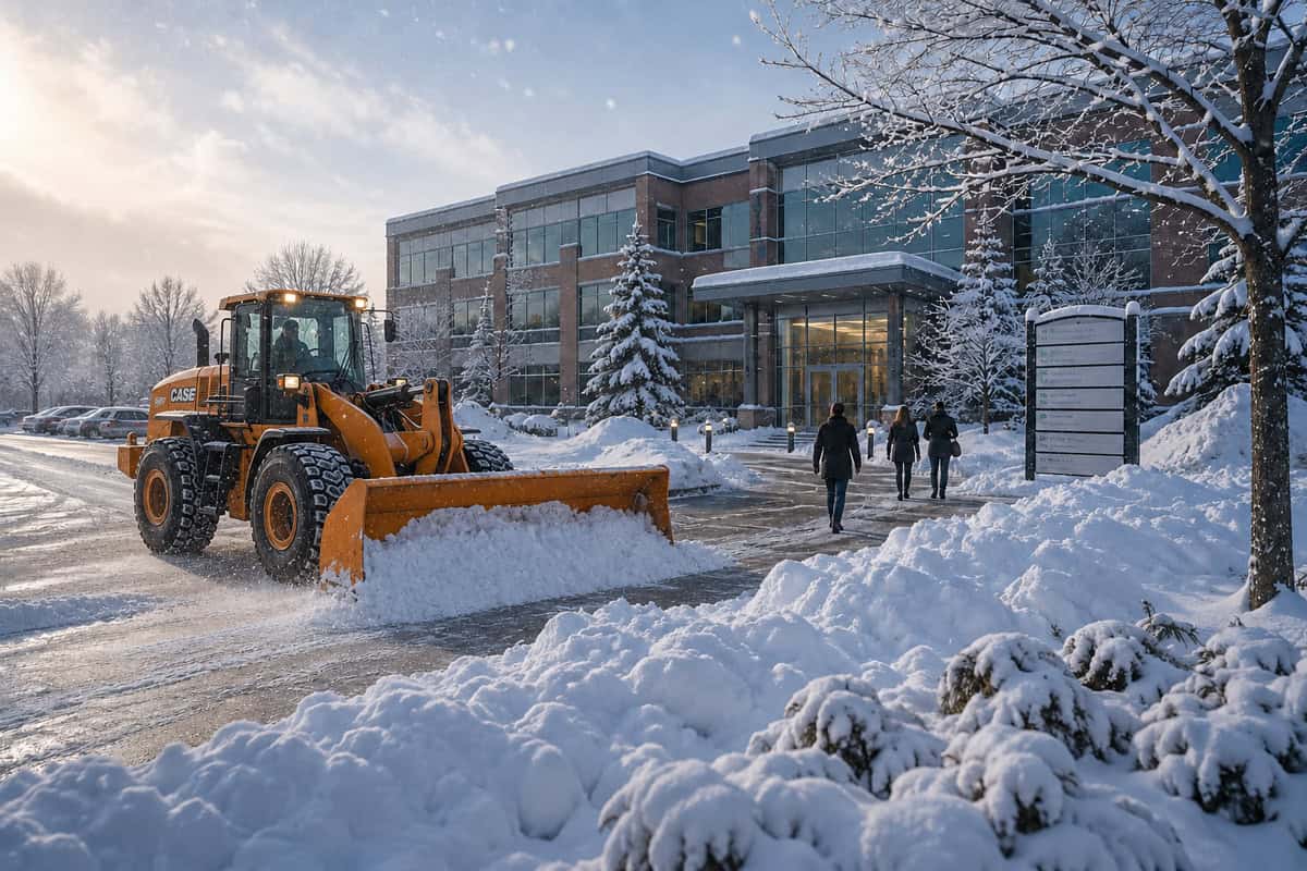 R.M. Landscape snow removal crew clearing a commercial parking lot in Western New York before businesses open.