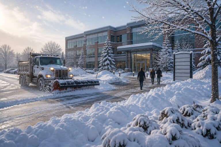 R.M. Landscape snow removal crew clearing a commercial parking lot in Western New York before businesses open.