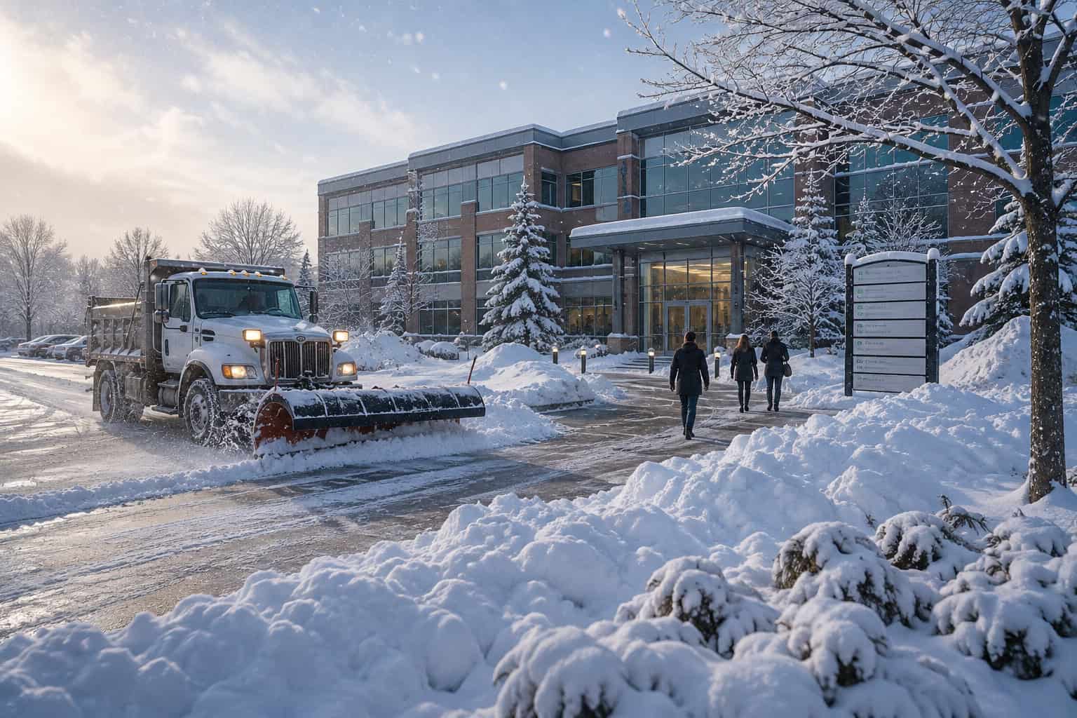 R.M. Landscape snow removal crew clearing a commercial parking lot in Western New York before businesses open.