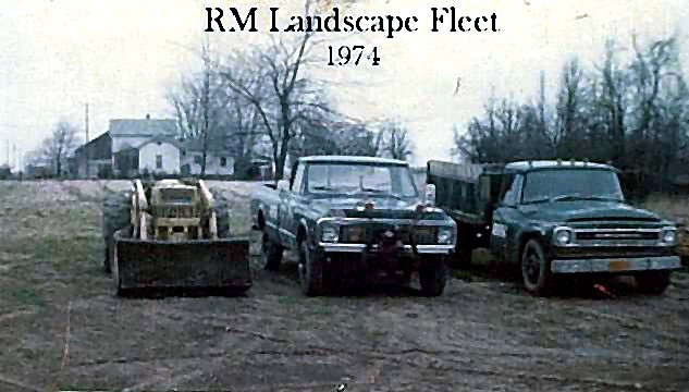 RM Landscape fleet with early trucks and equipment in 1974