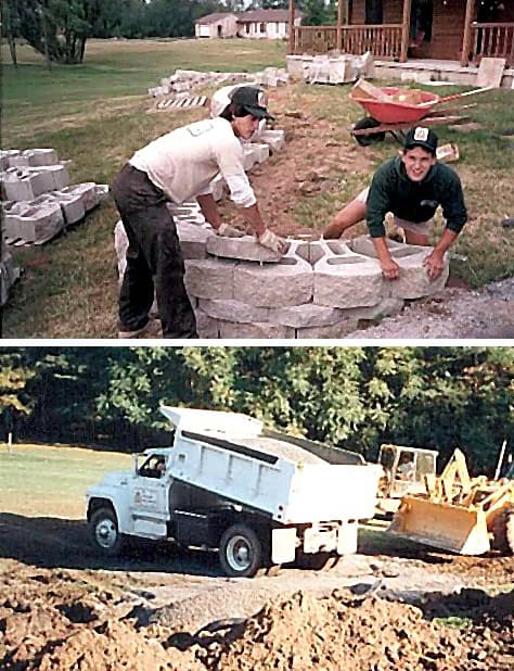 R.M. Landscape employees building a natural stone retaining wall during an early landscaping project